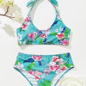 Boho blue floral tropical knot halter wireless bra high waist bikini swimsuit M